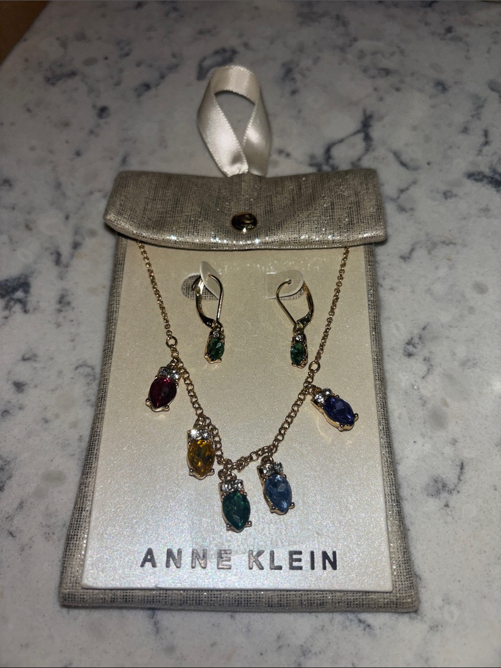 Anne Klein Gold-Tone Necklace and Earring Set with Multicolored Stones